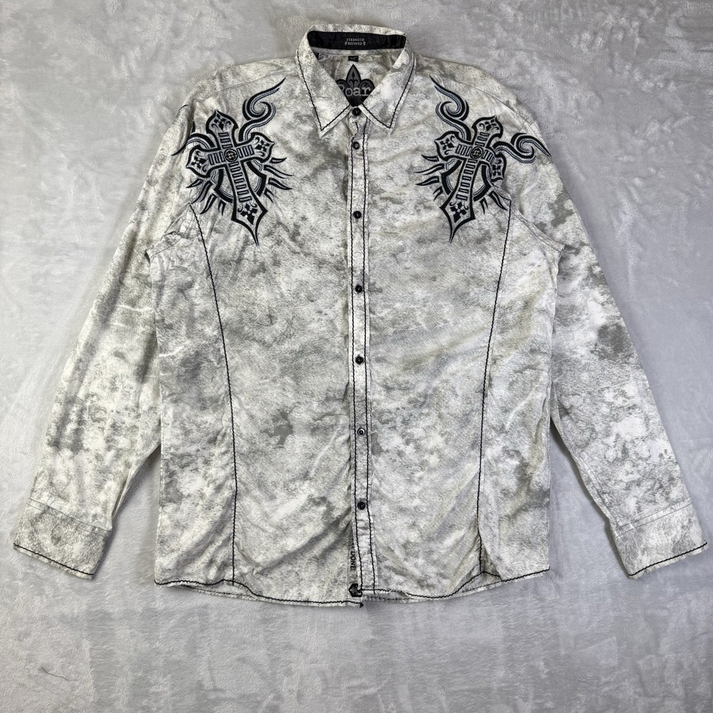 Roar Embroidered Dress Shirt Men's XL Grey Western Grunge Festival Classic